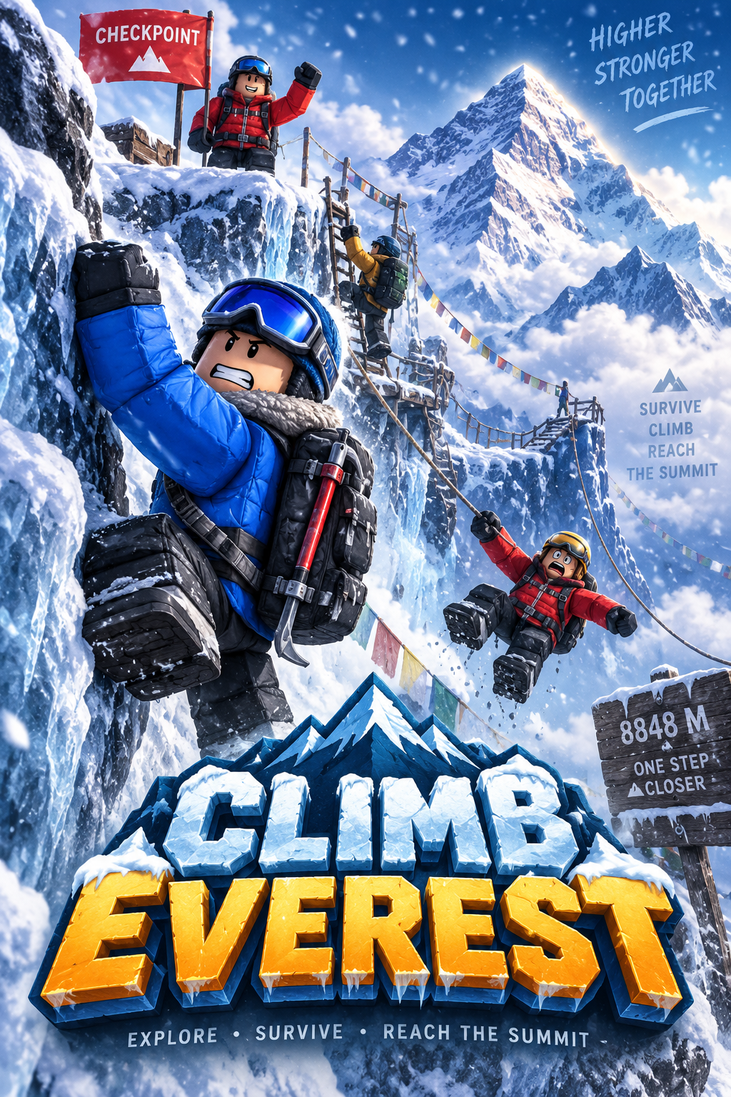 Climb Everest: climbers scale a snowy mountain toward the summit