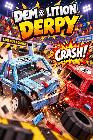 Demolition Derpy: blue and red cars collide in a burst of sparks