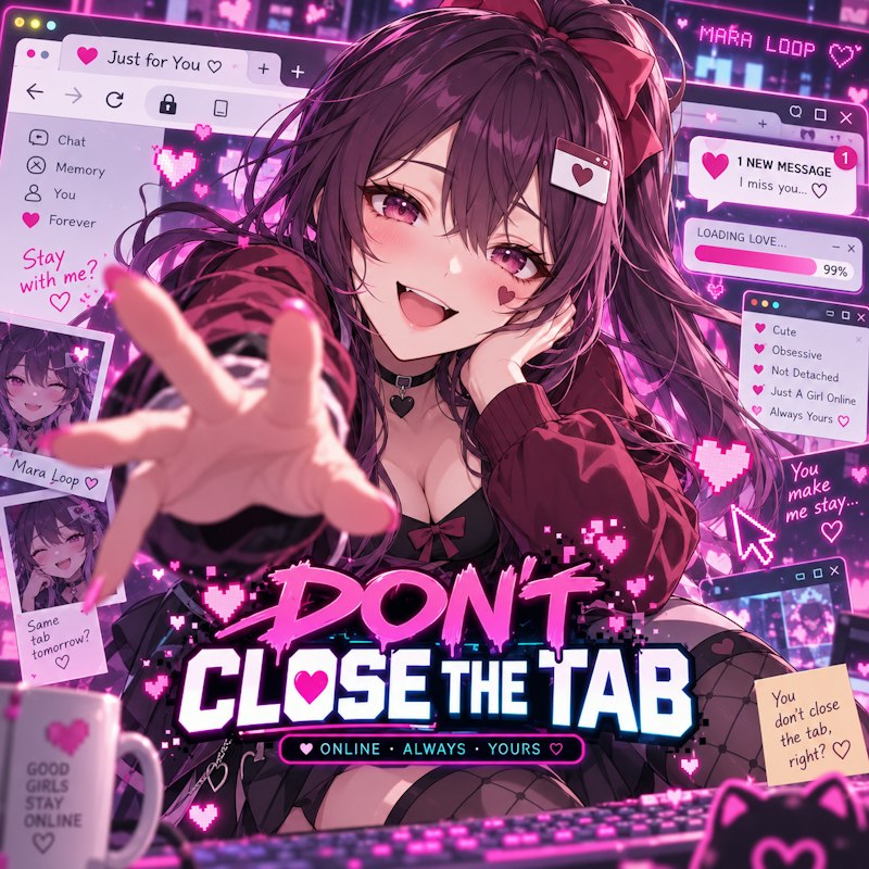 Official Don't Close the Tab cover: Mara reaching out through a world of pink browser windows