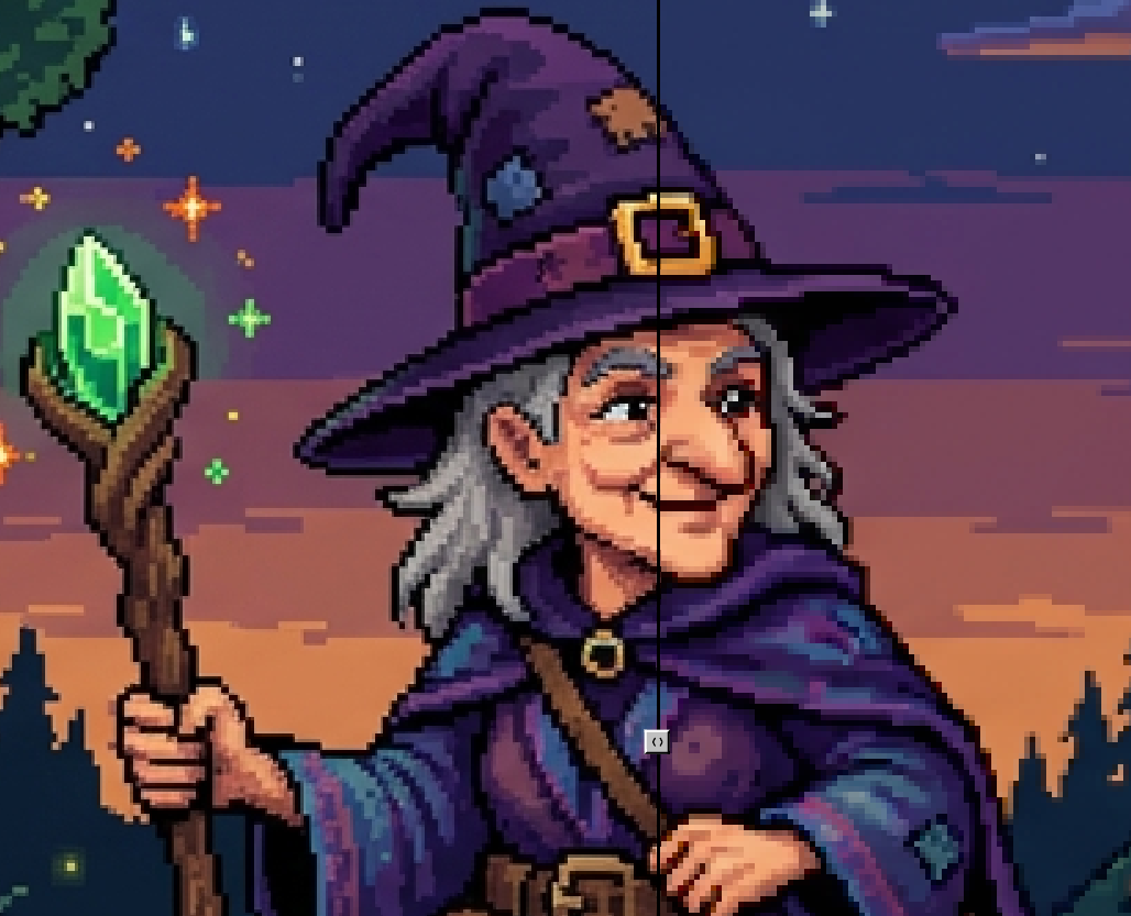 PixelFix's before-and-after pixel cleanup on a purple-robed wizard